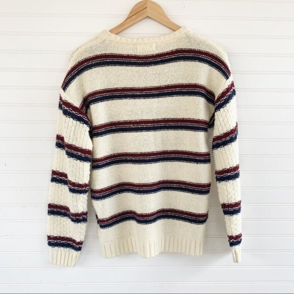Tres Chic cream navy burgundy striped knitted chunky sweater size Large - Picture 2 of 4